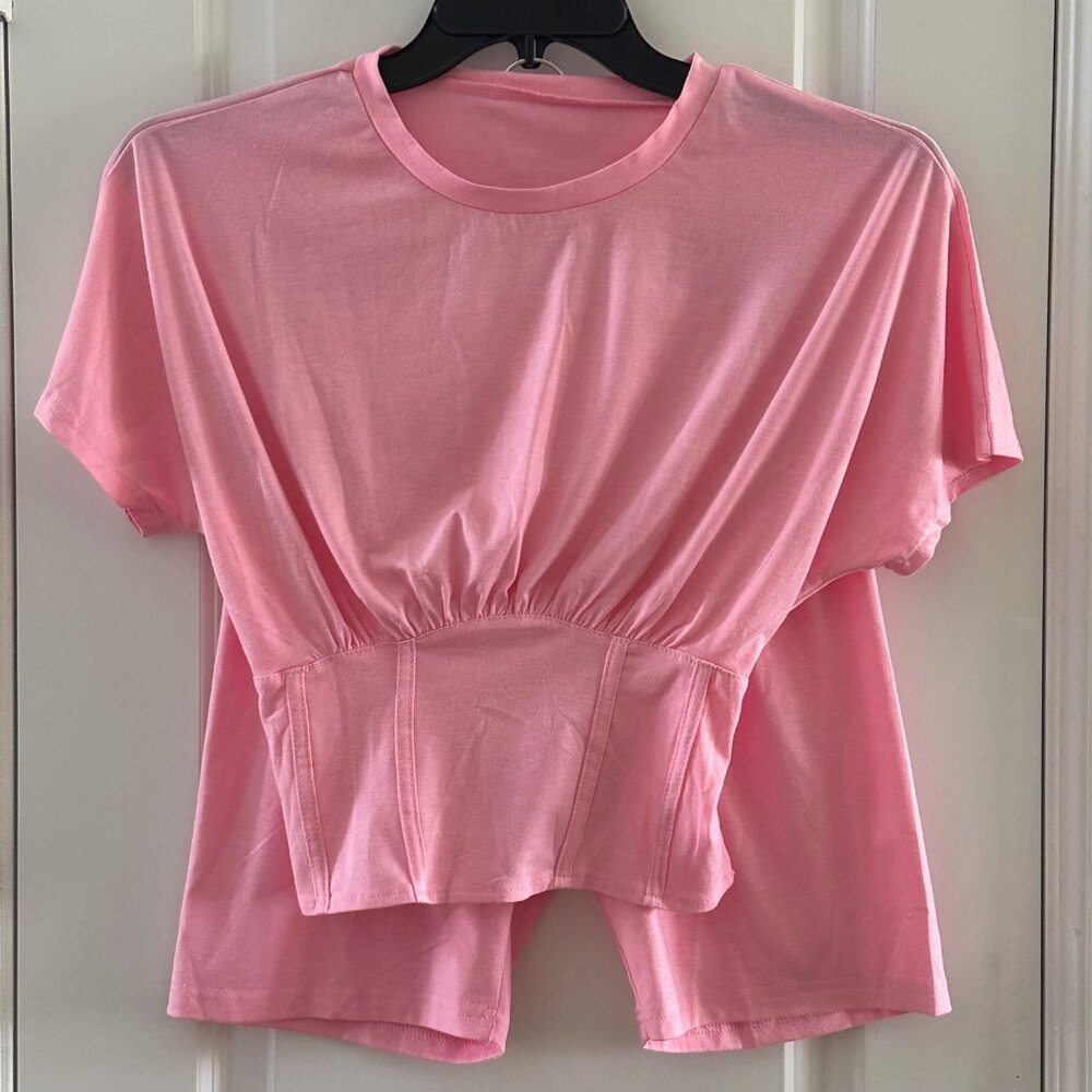 Pink Two-Piece Lounge Set With Elastic Waist Shorts & Ruched Top